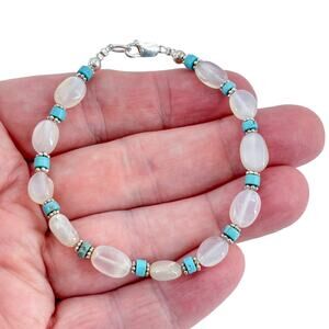 Vintage Sterling Silver 925 Moonstone Turquoise Beaded Bracelet 7.5"